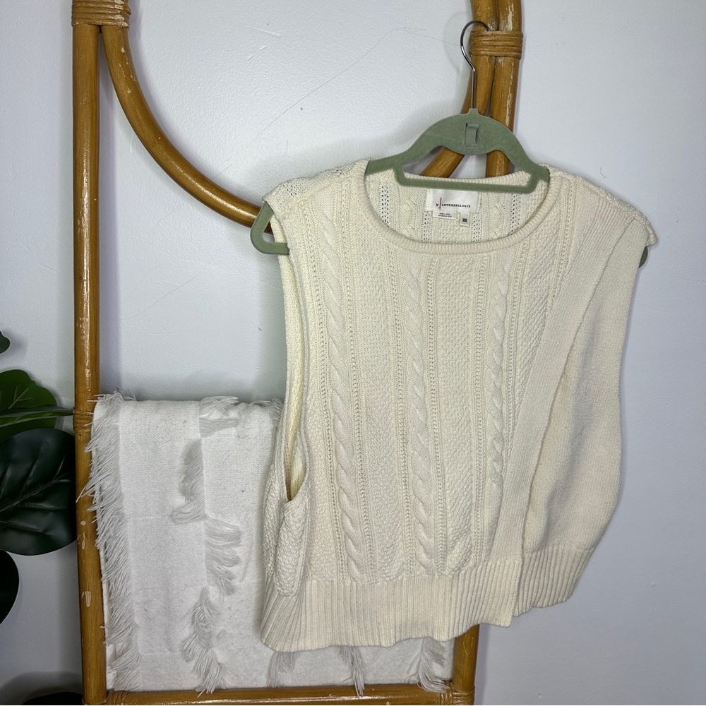 Anthropologie Cream Cable Knit Sweater Vest sz OS